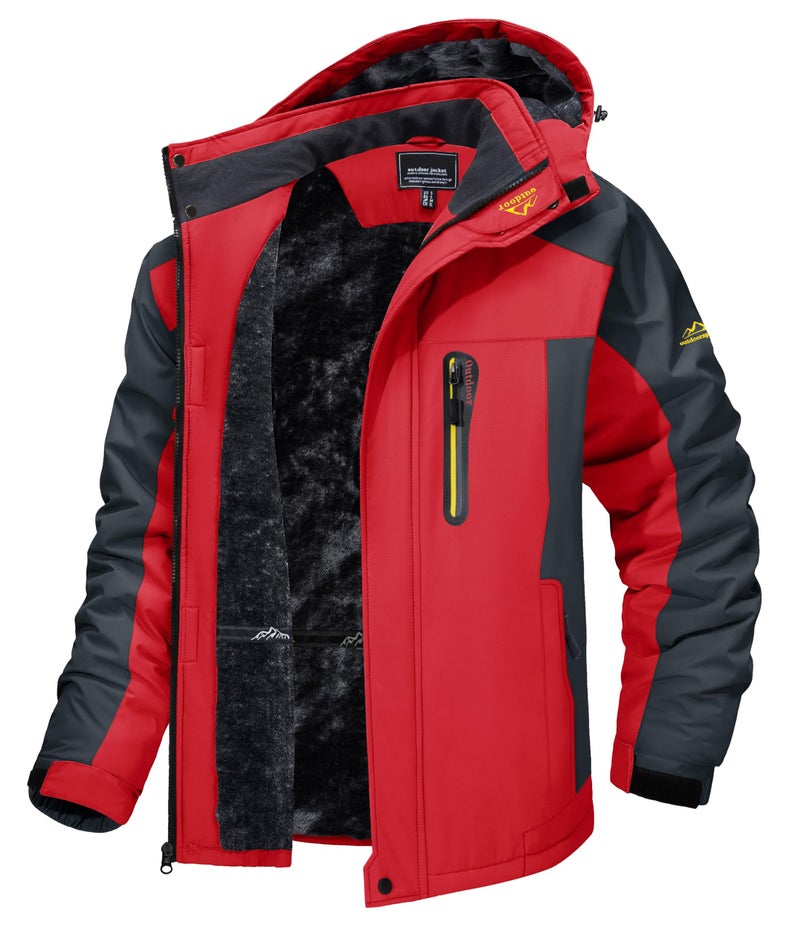 TACVASEN Men's Winter Ski Jacket Waterproof Snow Coats Snowboard Fleece Lining Jacket Warm Parka with Hooded Red M