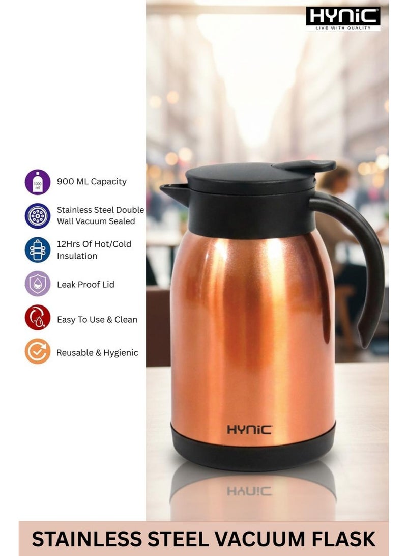 Hynic Stainless Steel Vacuum Flask 900ml | Double-Wall Vacuum Insulated Thermal Carafe for Hot & Cold Drinks | 12-Hour Heat Retention, BPA-Free 304 Food-Grade Steel, Leakproof Lid | Copper Finish | 3 Year Warranty - Image 5