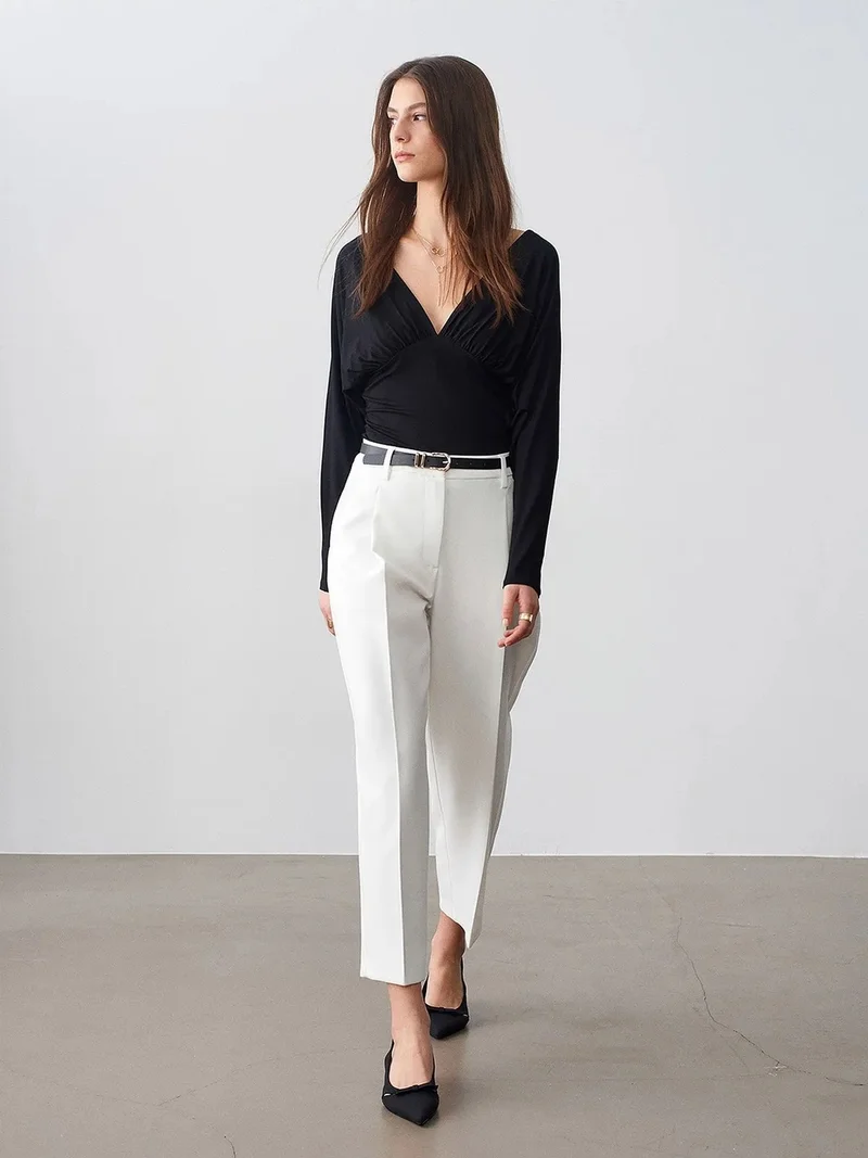ديلفين DILVIN Women's Straight-leg Pleated Tailored Trousers