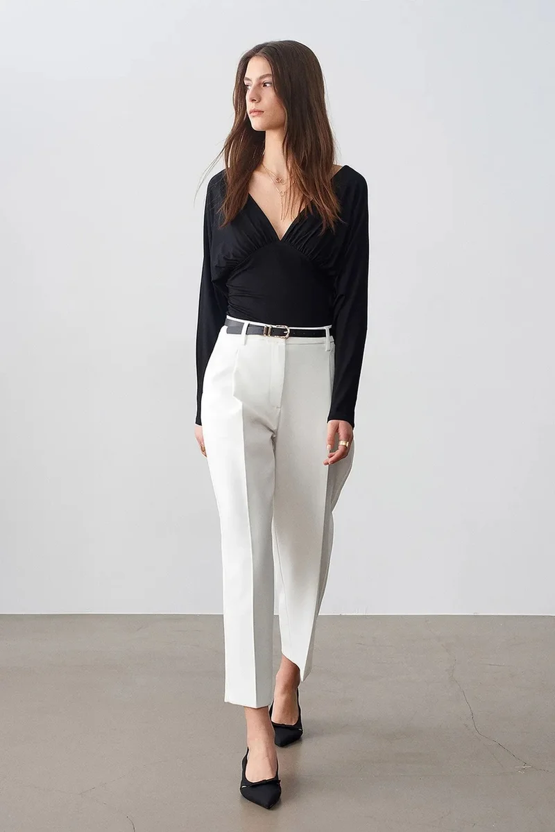 Dilvin Dusty White DILVIN Women's Straight-leg Pleated Tailored Trousers for Women | Best Price UAE