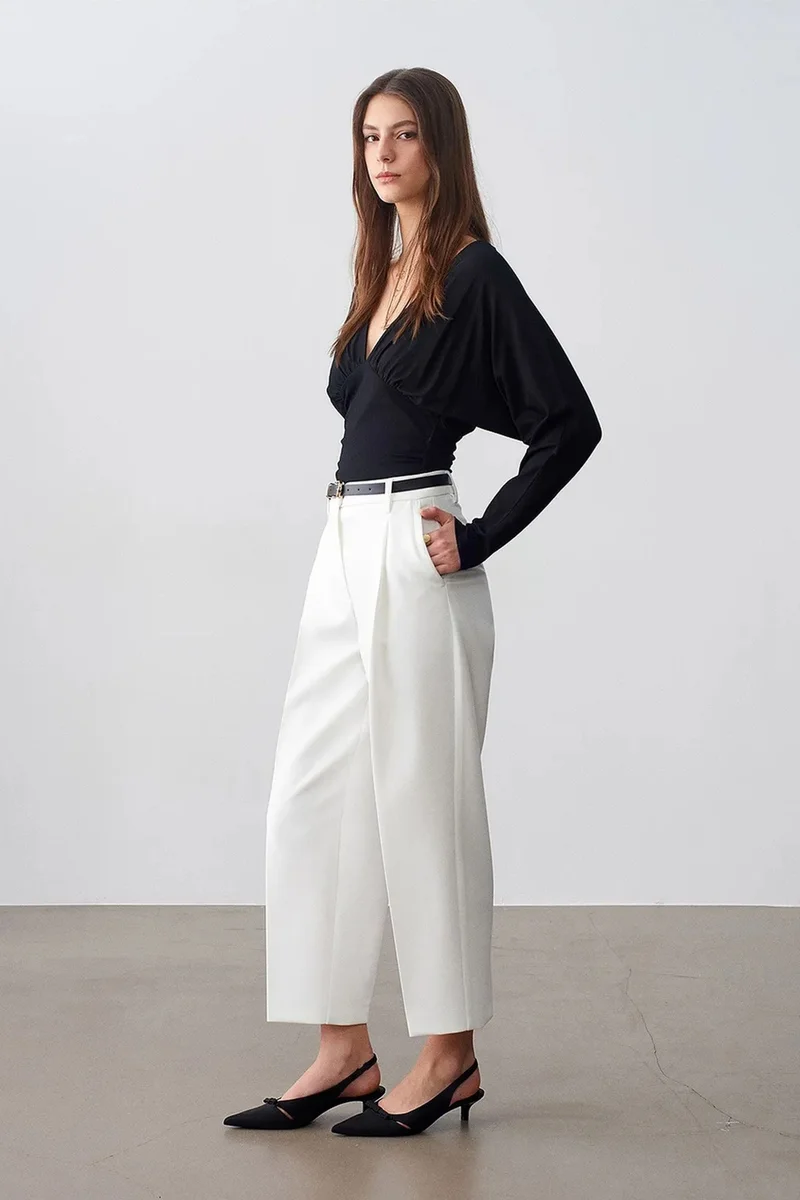 Dilvin Dusty White DILVIN Women's Straight-leg Pleated Tailored Trousers for Women | Best Price UAE
