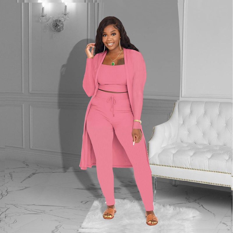 New European Fashion Womens Solid Three-Piece Set Pink  - Image 5