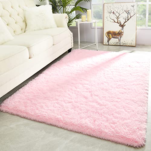 Merelax Modern Soft Fluffy Large Shaggy Rug for Bedroom Livingroom Dorm Kids Room Indoor Home Decorative NonSlip Plush Furry Fur Area Rugs Comfy Nursery Accent Floor Carpet 4x6 Pink
