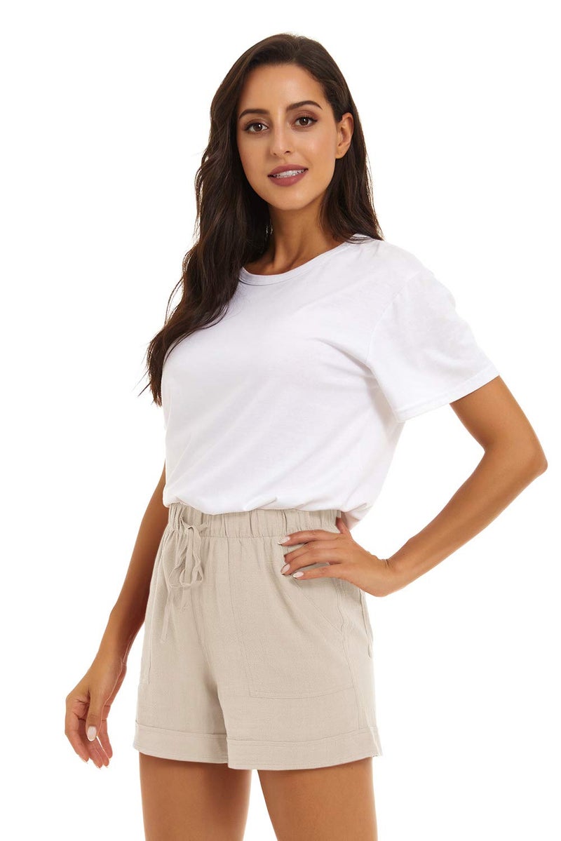 KINGFEN Womens Shorts Casual Lounge Cotton for Summer Mid Rise Elastic Waist Linen Beach Pull On Comfy Drawstring Stretchy Short with Pockets Beige Small - Image 4
