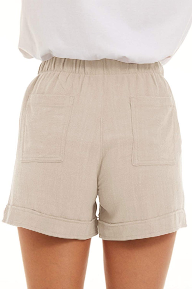 KINGFEN Womens Shorts Casual Lounge Cotton for Summer Mid Rise Elastic Waist Linen Beach Pull On Comfy Drawstring Stretchy Short with Pockets Beige Small - Image 5