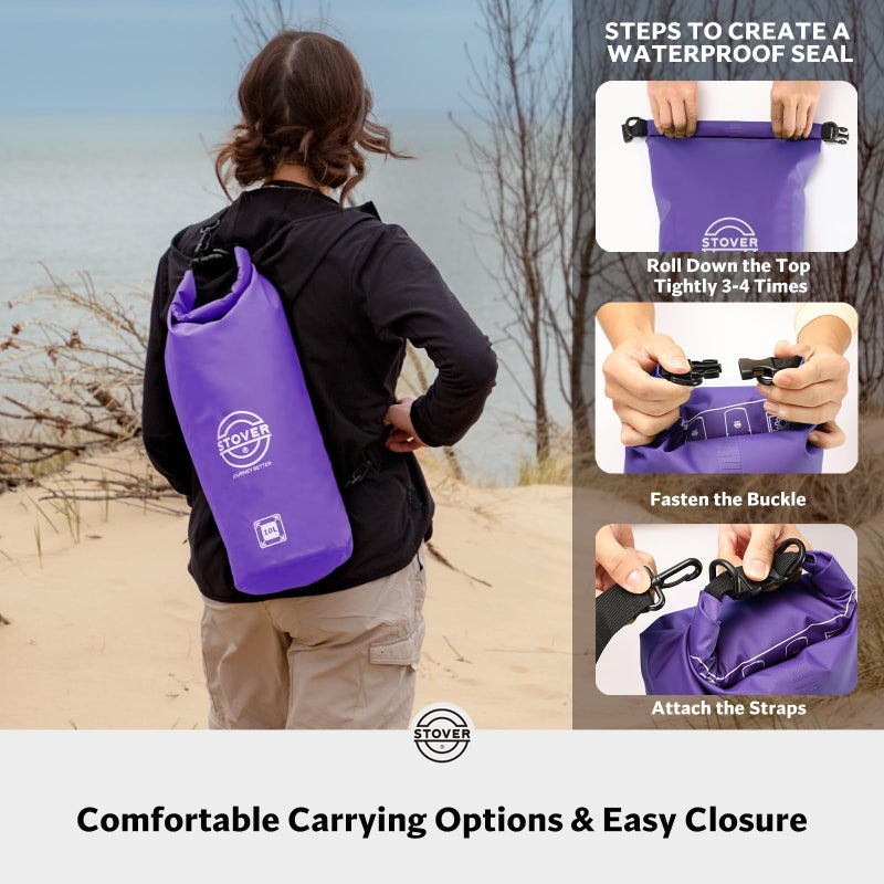 STOVER 5/10/25/30/40/55L Waterproof Dry Bag, Medium Lightweight Roll Top Dry Bag Backpack w/Waterproof Phone Case, Kayaking, Travel, Hiking, Fishing, Tubing, Camping, the Beach, Men/Women (Purple) - Image 5