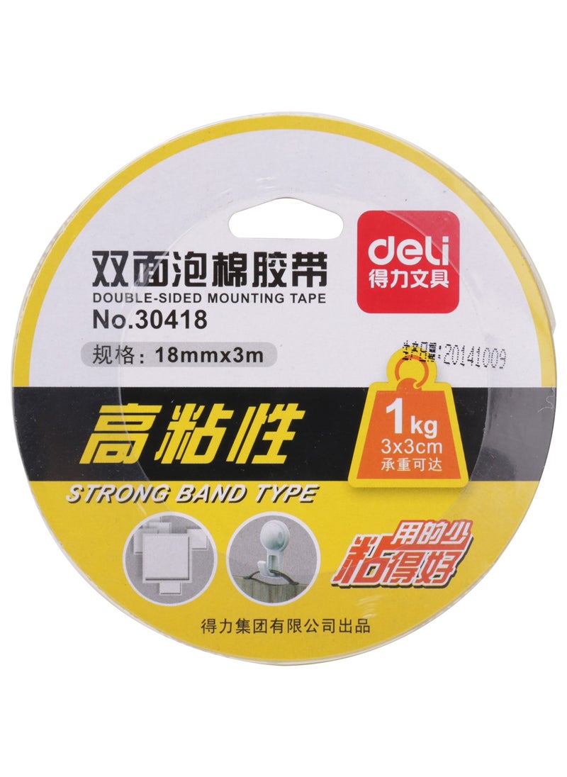 Deli Deli 30418 Double-Sided Foam Mounting Tape – 18mm x 3m x 1mm, White, Strong Adhesion, Holds up to 1kg per 3x3cm  - Image 1