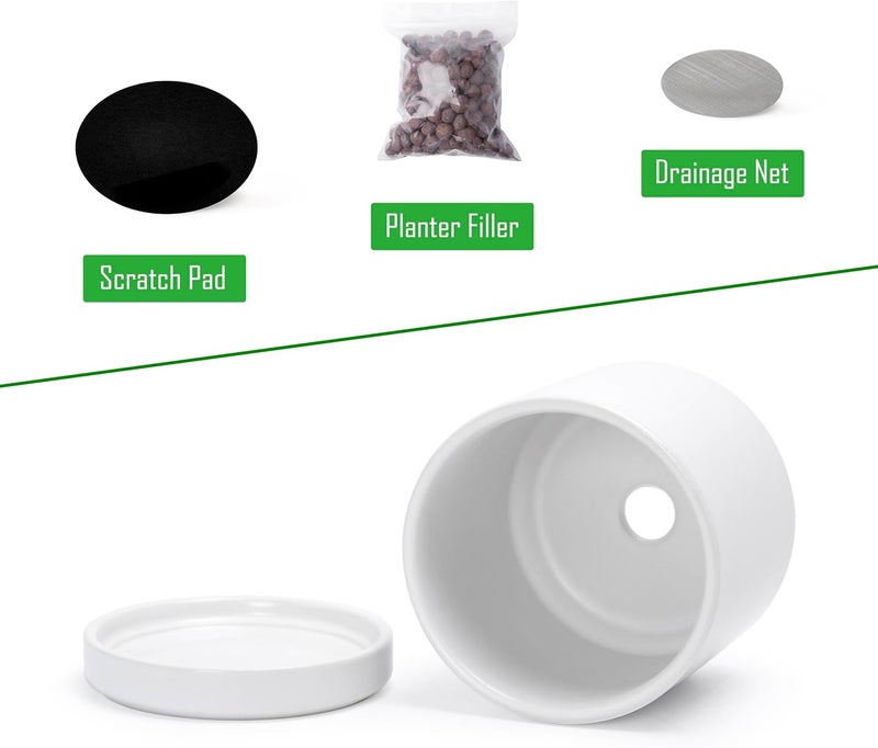 D'vine Dev 3.5 Inch Ceramic Planter Pot with Drainage Hole and Saucer, Indoor Cylinder Round Planter Pot, White, 94-O-A-1 - Image 3