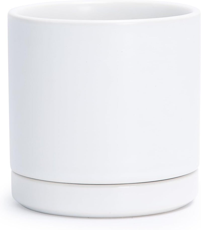 D'vine Dev 3.5 Inch Ceramic Planter Pot with Drainage Hole and Saucer, Indoor Cylinder Round Planter Pot, White, 94-O-A-1 - Image 1