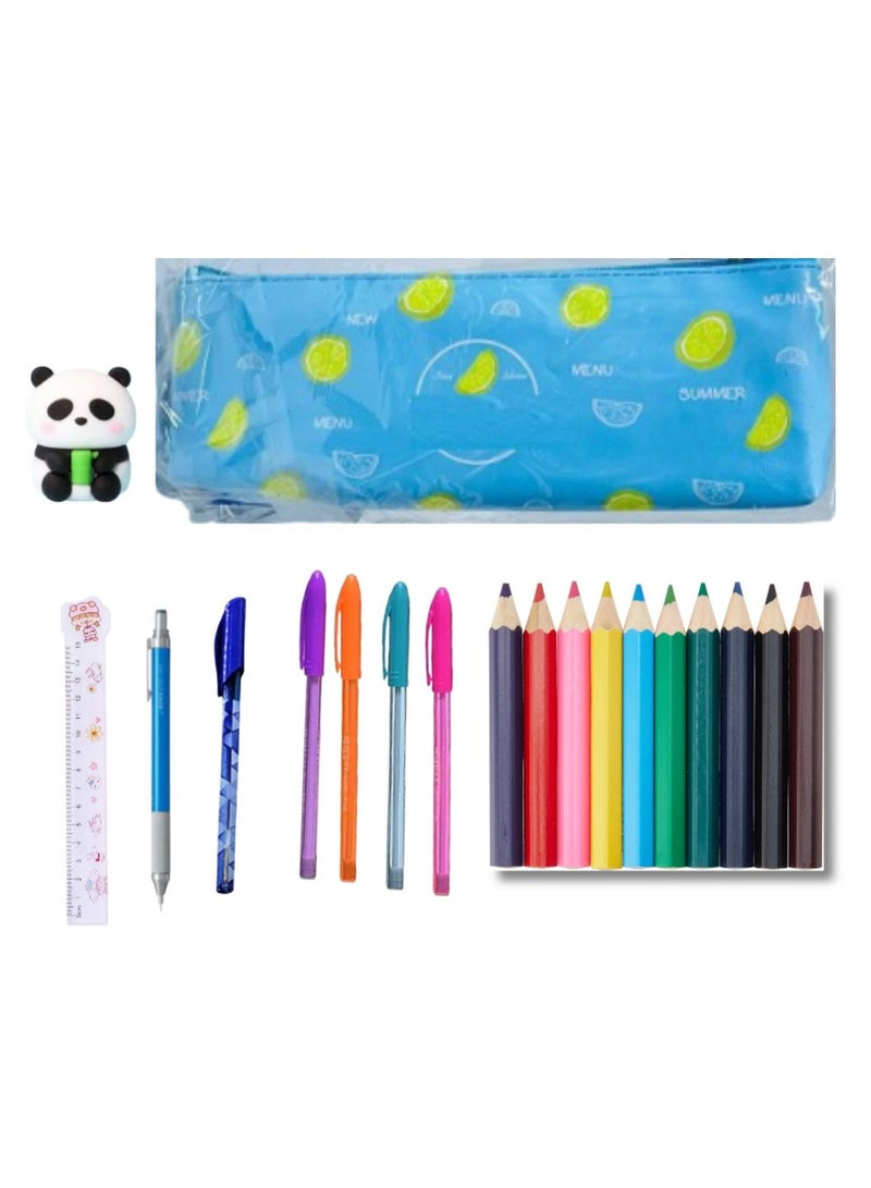 21-piece school supplies set (pencil case with zipper + 4 fluorescent colors + 12 wood colors + pencil + eraser and sharpener + pen + 15 cm ruler) - Image 1