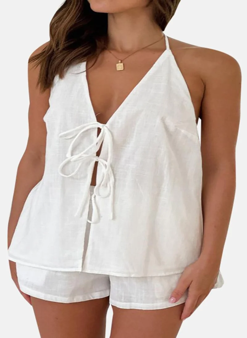 يونيكي White Pure Cotton Sleeveless Top With Short
