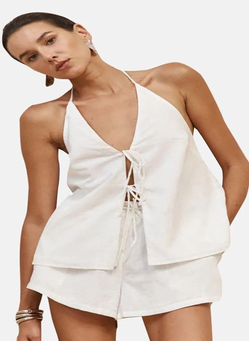 يونيكي White Pure Cotton Sleeveless Top With Short