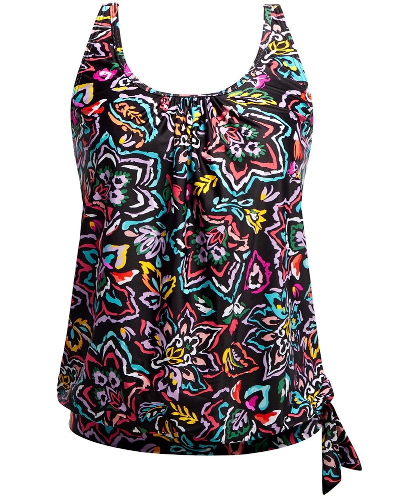 Yonique Womens Blouson Tankini Top Only Loose Fit Swim Top No Bottom Modest Swimsuit Colorful Paisley Large - Image 1
