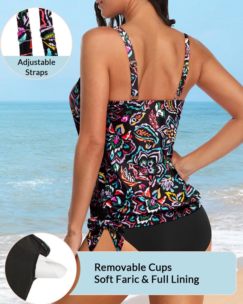 Yonique Womens Blouson Tankini Top Only Loose Fit Swim Top No Bottom Modest Swimsuit Colorful Paisley Large - Image 4