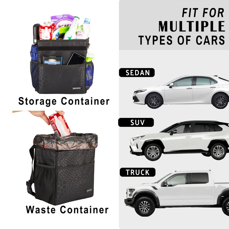SIBOFUEGO Cute Car Trash Can with Lid â€“ Multipurpose Collapsible Trash Bin for Car, Leak-Proof Organizer, Waterproof Garbage Can with Storage Pockets & Adjustable Straps, 2 Gallons (Black Leopard) - Image 4