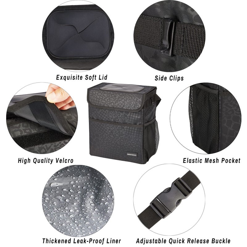 SIBOFUEGO Cute Car Trash Can with Lid â€“ Multipurpose Collapsible Trash Bin for Car, Leak-Proof Organizer, Waterproof Garbage Can with Storage Pockets & Adjustable Straps, 2 Gallons (Black Leopard) - Image 5