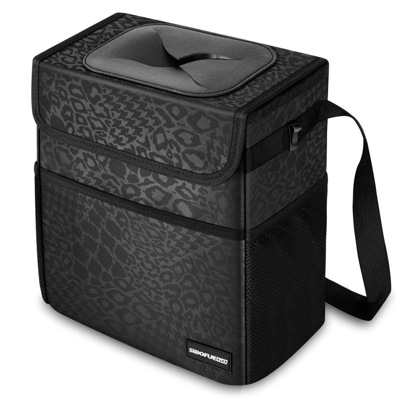 SIBOFUEGO Cute Car Trash Can with Lid â€“ Multipurpose Collapsible Trash Bin for Car, Leak-Proof Organizer, Waterproof Garbage Can with Storage Pockets & Adjustable Straps, 2 Gallons (Black Leopard) - Image 1