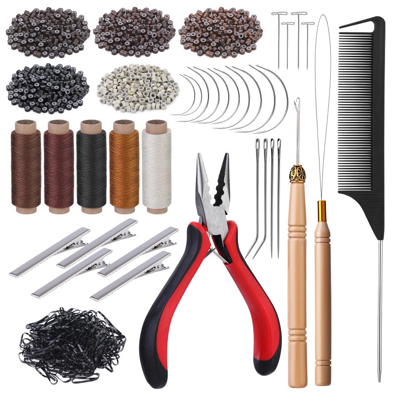 Fedmut Hair Extension Tools Kit 5 Colors 1000Pcs Micro Silicone Rings Beads with Hair Extension Remove Pliers Pulling Hook Threads Needle for Hair Extensions Hair Styling