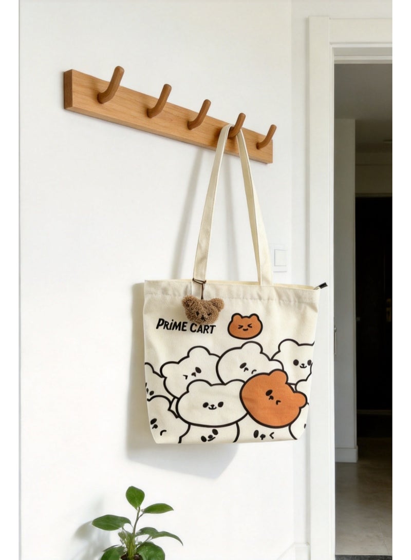 Prime Cart Cute Japanese & Korean Style Canvas Tote Bag for Women | Large Capacity Shopping Bag, School Shoulder Bag, Handbag with Free Little Bear Gift | Fashion Canvas Carry Bag for College, Work & Daily Use - Image 5