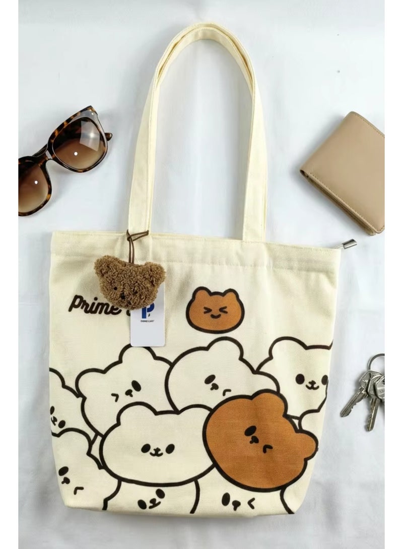 Prime Cart Cute Japanese & Korean Style Canvas Tote Bag for Women | Large Capacity Shopping Bag, School Shoulder Bag, Handbag with Free Little Bear Gift | Fashion Canvas Carry Bag for College, Work & Daily Use - Image 1