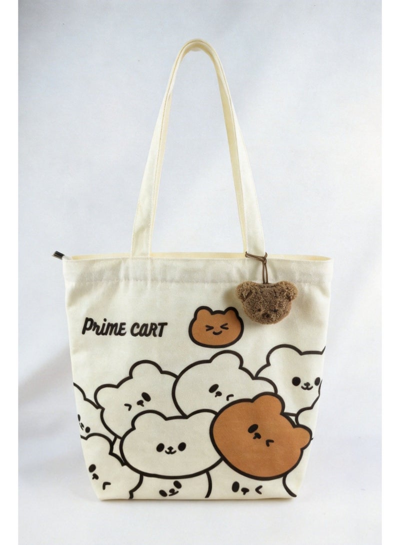 Prime Cart Cute Japanese & Korean Style Canvas Tote Bag for Women | Large Capacity Shopping Bag, School Shoulder Bag, Handbag with Free Little Bear Gift | Fashion Canvas Carry Bag for College, Work & Daily Use - Image 4