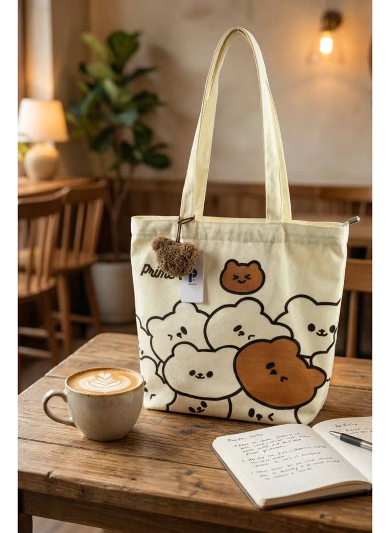 Prime Cart Cute Japanese & Korean Style Canvas Tote Bag for Women | Large Capacity Shopping Bag, School Shoulder Bag, Handbag with Free Little Bear Gift | Fashion Canvas Carry Bag for College, Work & Daily Use - Image 3