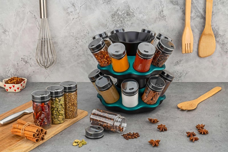 AVVIC MART Spice Rack, Revolving Round Shape Transparent Pack of 16 Jar Spice Rack Container Masala Box for Kitchen (SkyBlue) - Image 4