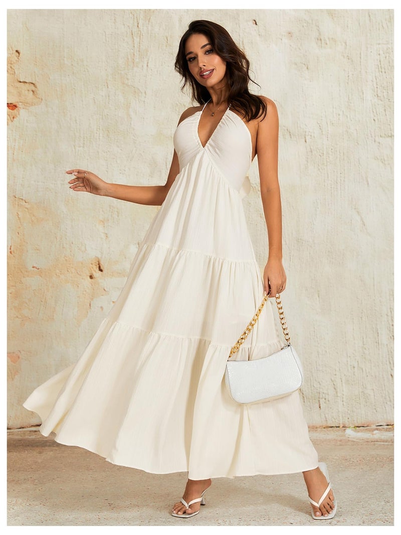 OYOANGLE Women's Summer Beach Sundress Formal Wedding Guest Dress Backless Flowy Vacation Boho Maxi Dresses Beige Medium - Image 3
