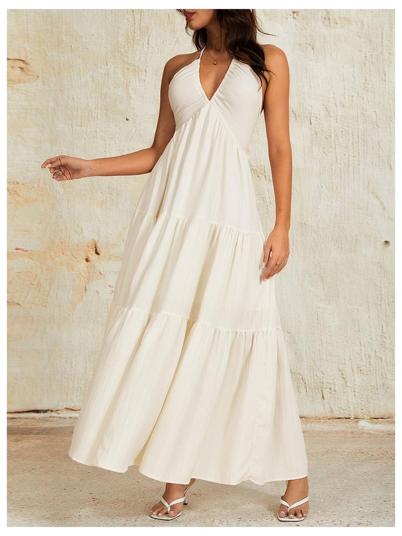 OYOANGLE Women's Summer Beach Sundress Formal Wedding Guest Dress Backless Flowy Vacation Boho Maxi Dresses Beige Medium - Image 5