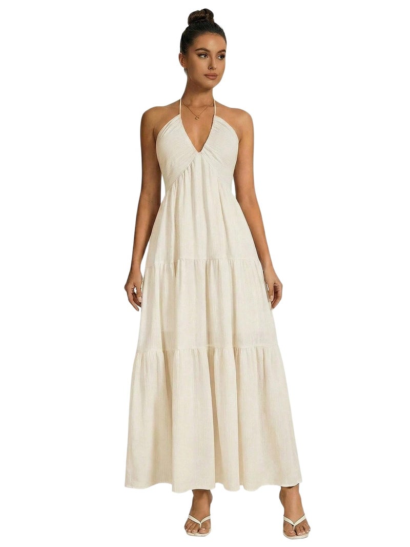 OYOANGLE Women's Summer Beach Sundress Formal Wedding Guest Dress Backless Flowy Vacation Boho Maxi Dresses Beige Medium - Image 1