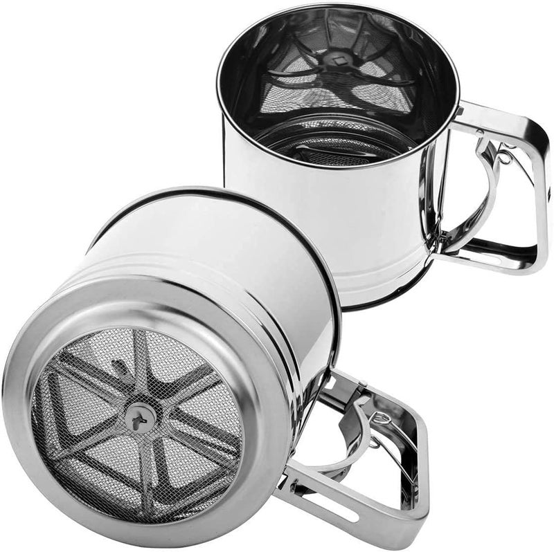 SM Double Layers Sieve Stainless Steel Handheld Flour Sifter Baking Sifter Squeeze Metal Fine Mesh Sieve Flour Sieve Cup with Handle 3cup - Image 2