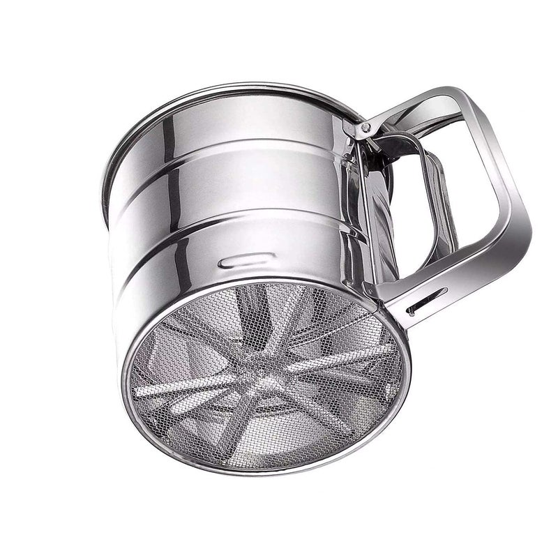 SM Double Layers Sieve Stainless Steel Handheld Flour Sifter Baking Sifter Squeeze Metal Fine Mesh Sieve Flour Sieve Cup with Handle 3cup - Image 1