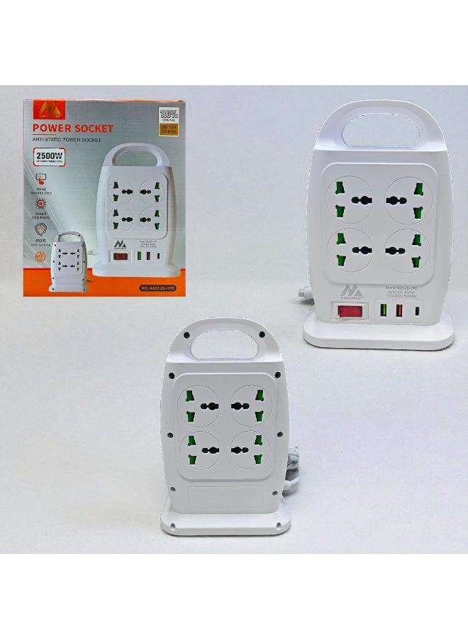 A022-2U 8-Socket Power Strip with 2 USB + 1 Type-C – Multi-Device Charging with Fuse Protection
