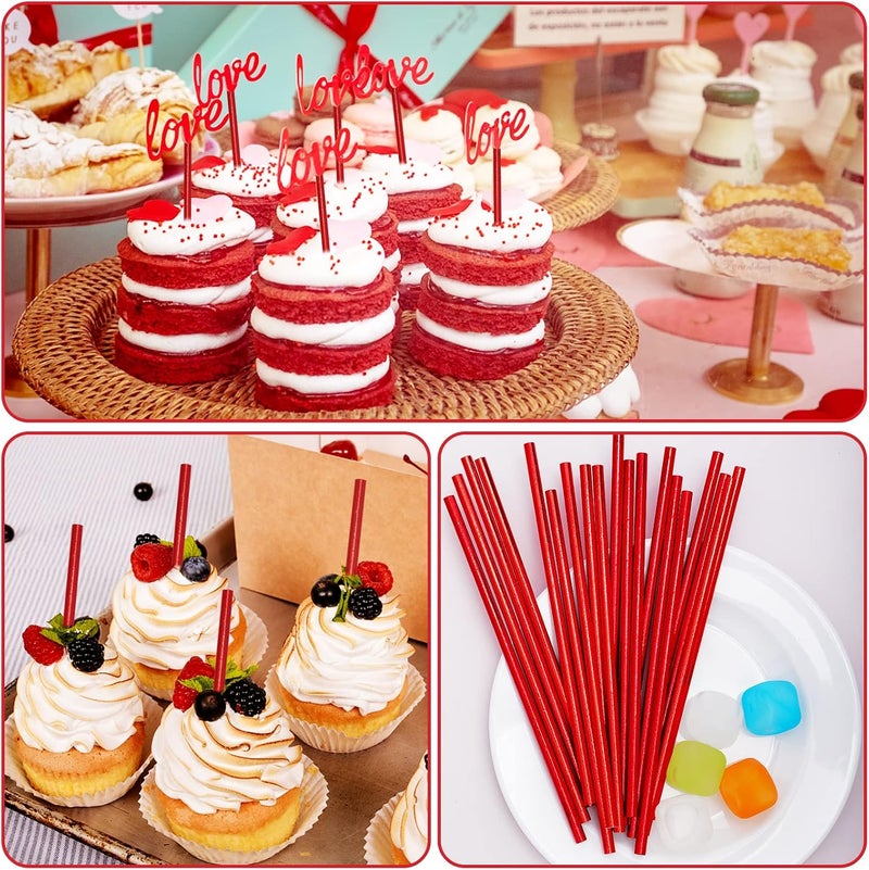 Visen 100 Pack Red Paper Straws,Biodegradable Red Straws,Disposable Paper Drinking Straws,Cake Pop Sticks,Foil Paper Straws for Birthday Bridal/Baby Shower Wedding Party Supplies Decorations - Image 3
