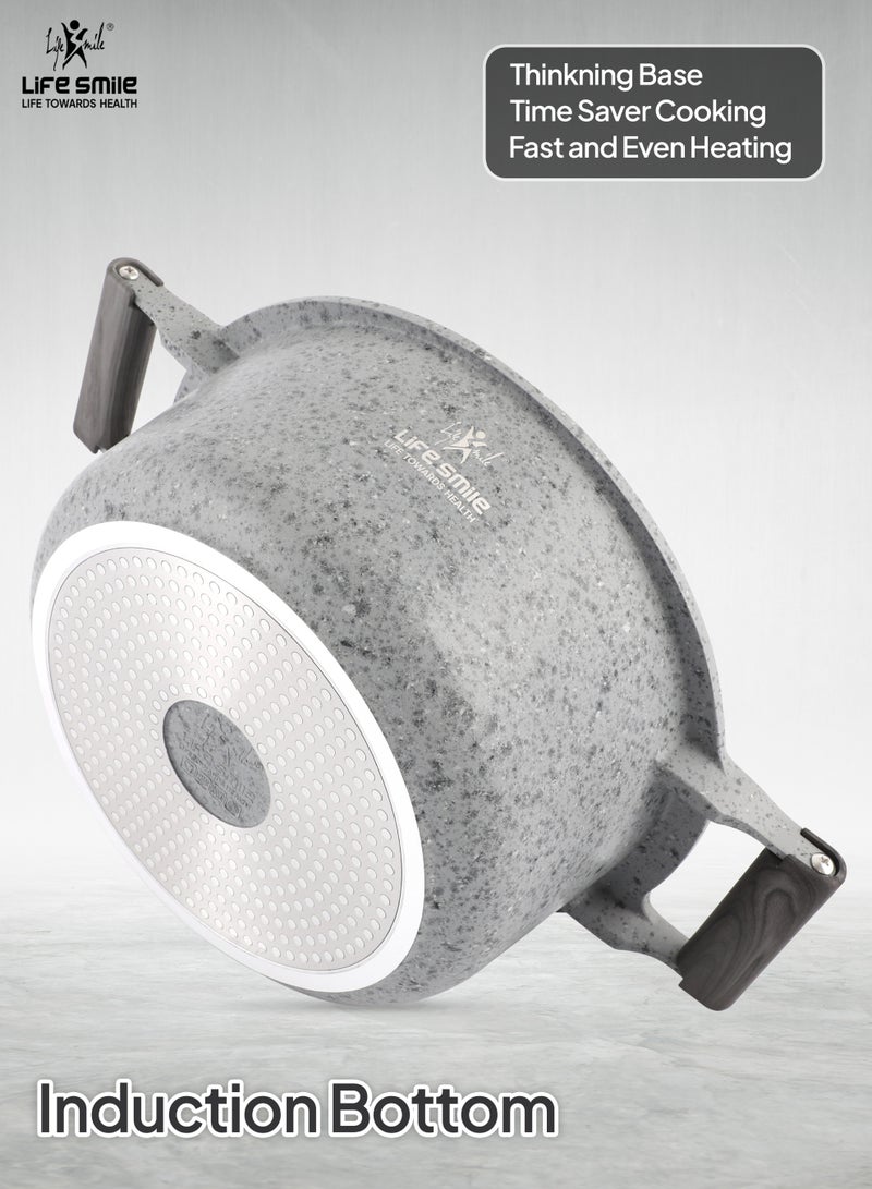 Life Smile طقم أواني طهي غير لاصقة 8 قطع - طقم أواني وأواني جرانيت، خالي 100% من PFOA، طناجر، أواني مع مقبض ويد من باكليت، طقم طهي بقاعدة تحريضية يتضمن وعاء حساء 20/24/28 سم ووعاء ضحل 26 سم - Image 2