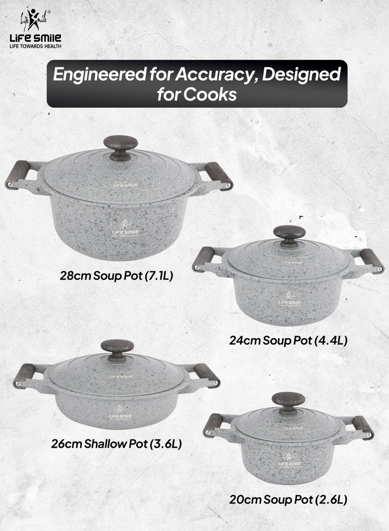 Life Smile طقم أواني طهي غير لاصقة 8 قطع - طقم أواني وأواني جرانيت، خالي 100% من PFOA، طناجر، أواني مع مقبض ويد من باكليت، طقم طهي بقاعدة تحريضية يتضمن وعاء حساء 20/24/28 سم ووعاء ضحل 26 سم - Image 3
