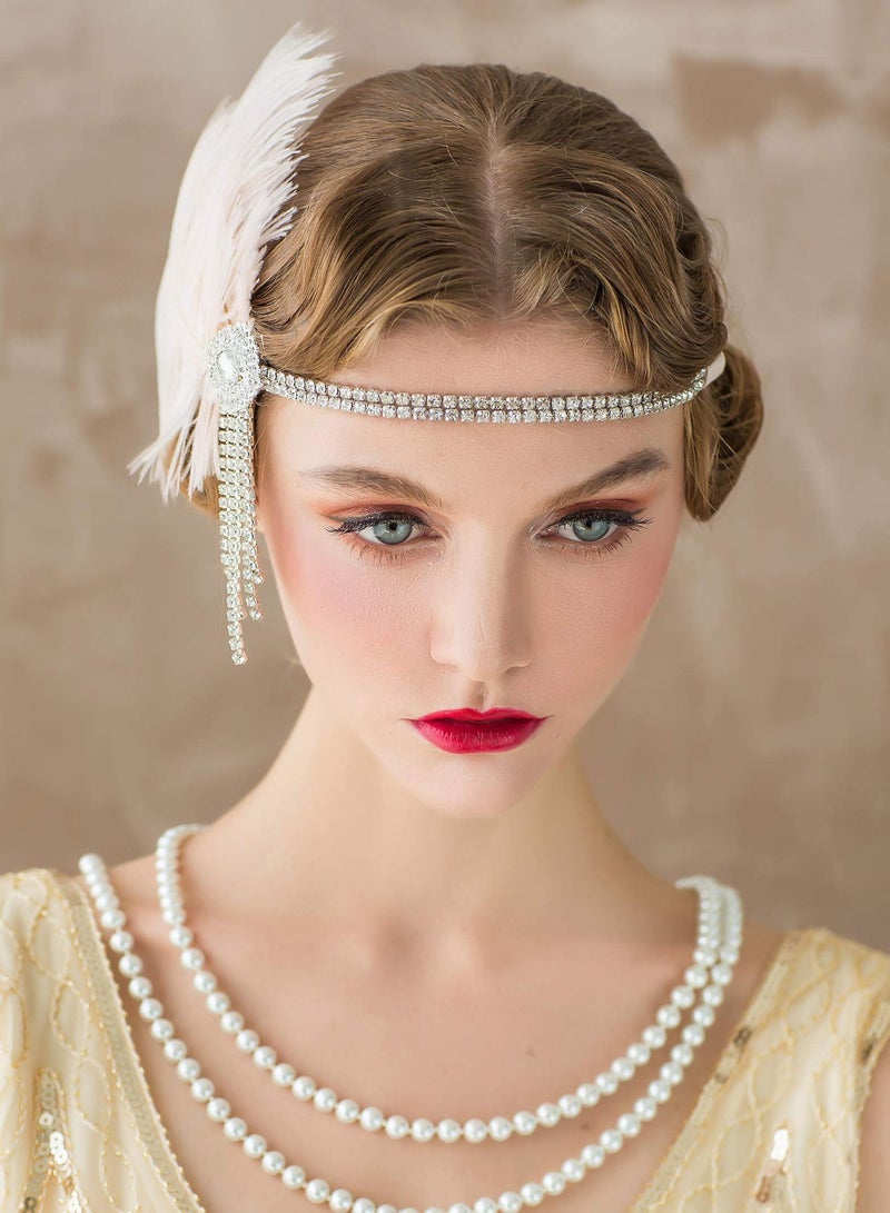 Excefore 1920's Flapper Headband, Great Gatsby Inspired Feather Headpiece 20s Art Deco Hair Accessories, PINK - Image 4