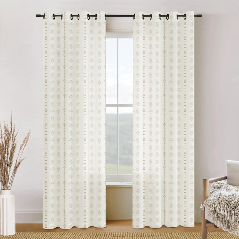 Lino Rosa Beige Curtains for Living Room Bedroom,Sheer Patterned Linen Tan Floral Print Boho Black Grommet Farmhouse Window Curtain Sheers 84 Inches Length 2 Panels Set 7 Foot 7Ft Long - Image 1
