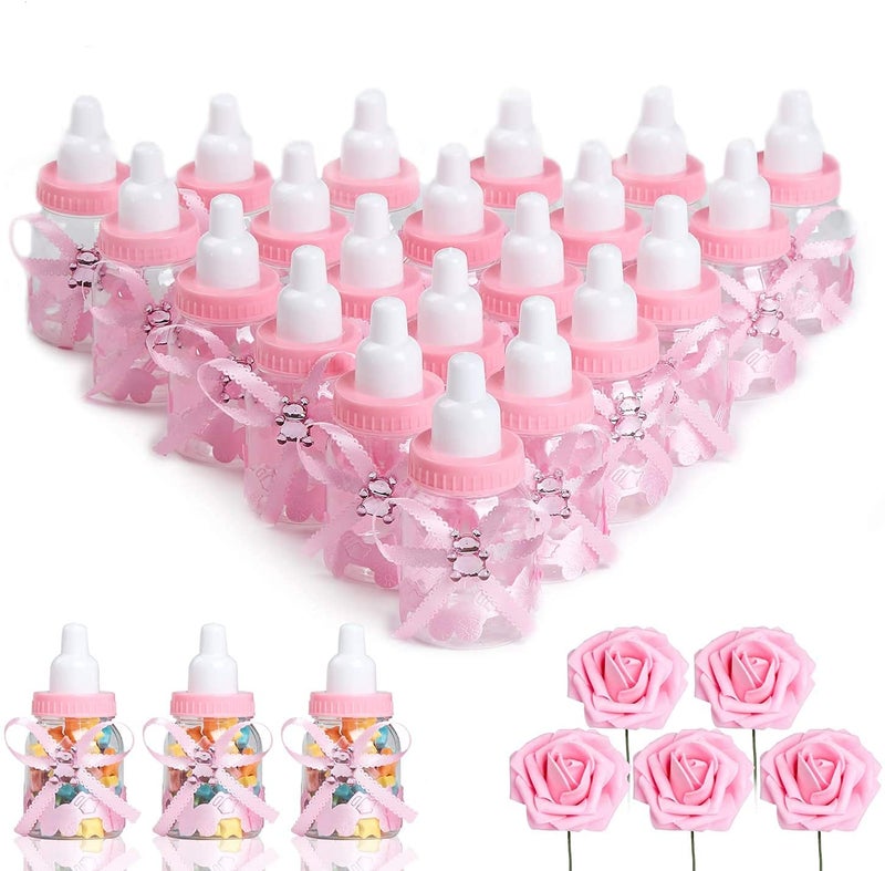 MACTING 2 Dozens 3.5 Inch Feeding Bottle Candy Box with 5 Pcs Artificial Flower Rose for Baby Shower Favor Gift Decoration (Pink) - Image 1