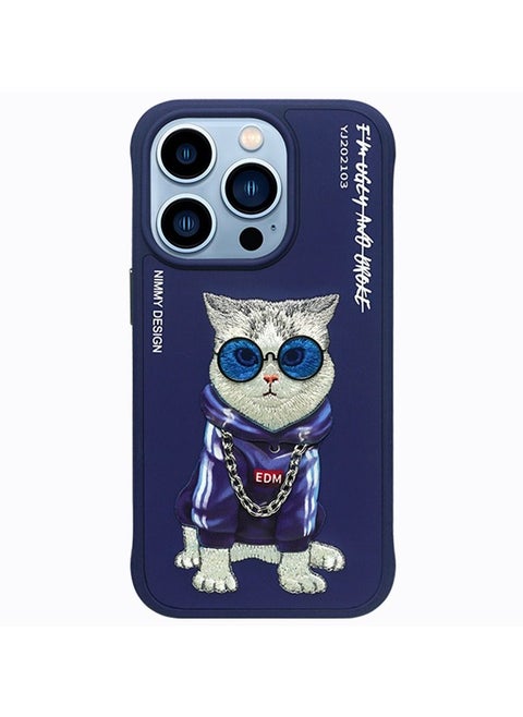 Apple iPhone 14 Pro Max Blue Cat With Original Glasses & Original Chain 3D Embroidery Case