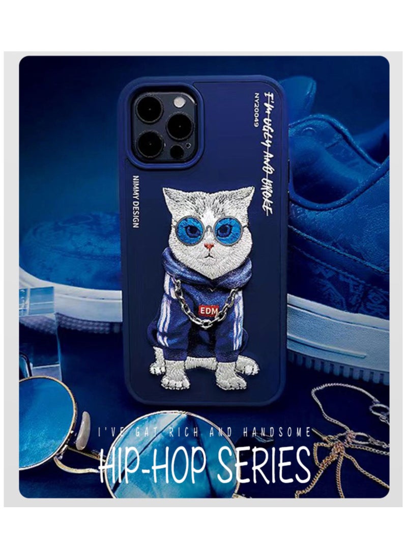 Nimmy - Apple iPhone 14 Pro Max Blue Cat With Original Glasses & Original Chain 3D Embroidery Case - Image 1