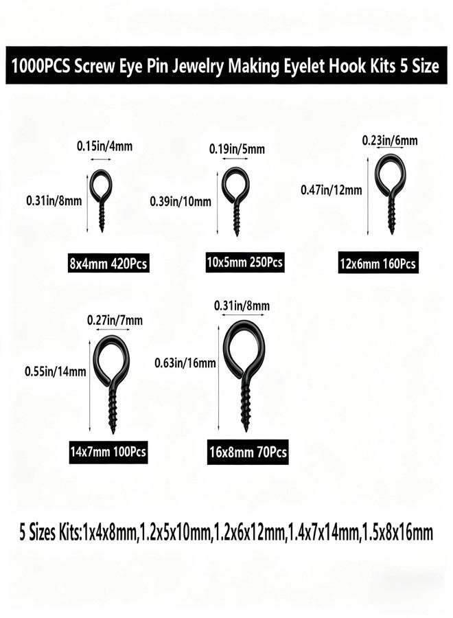 IDEALSV Black 1000 Pcs Small Screw Eye Pin Jewelry Making Eyelet Hook Kits for Craft 5 Sizes (4x8mm,5x10mm,6x12mm,7x14mm,8x16mm) - Image 2