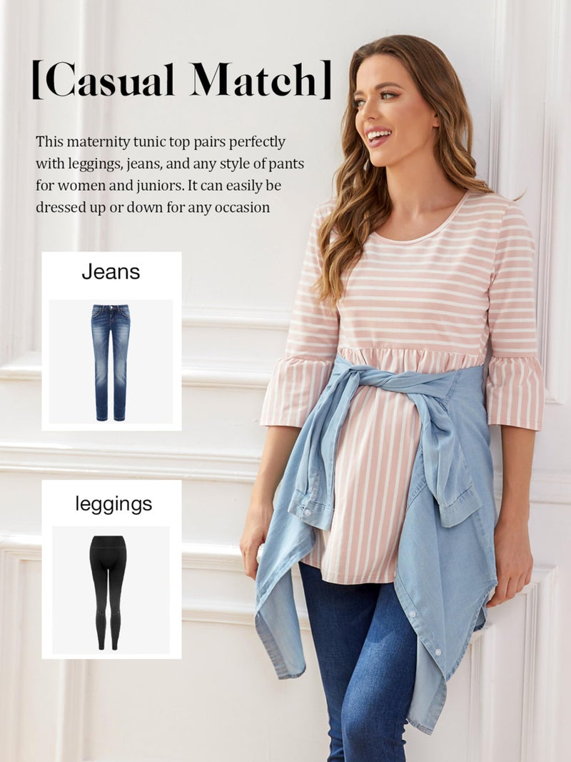 Ecavus Womens Casual Maternity Tops Striped Peplum 3/4 Ruffle Sleeve Shirt Ultra Soft Pregnancy Clothing - Image 5