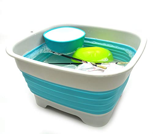 SAMMART 91L 24Gallon Collapsible Dishpan with Draining Plug Foldable Washing Basin Portable Dish Washing Tub Space Saving Kitchen Storage Tray 1 GreyBrigt Blue