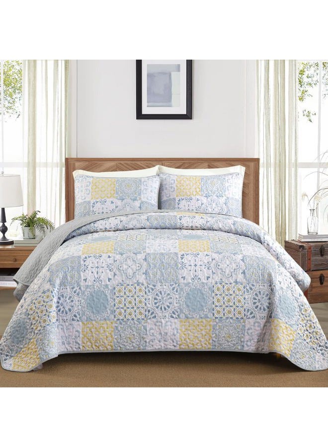 Dobuyly Full Size Quilt Set 3 Pieces, Blue/Yellow/Grey Patchwork Bedspreads, Boho Summer Coverlet Set, Soft Lightweight Microfiber Bedding Set for All Seasons 78"x90" - Image 2