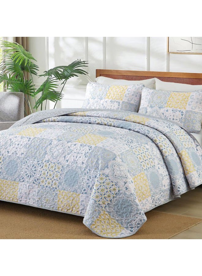 Dobuyly Full Size Quilt Set 3 Pieces, Blue/Yellow/Grey Patchwork Bedspreads, Boho Summer Coverlet Set, Soft Lightweight Microfiber Bedding Set for All Seasons 78"x90" - Image 1