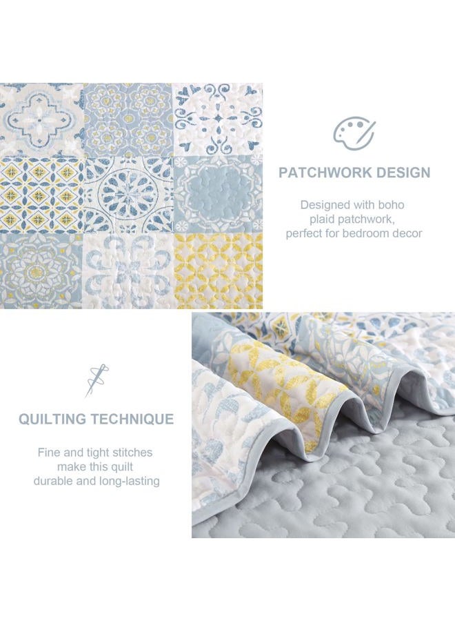Dobuyly Full Size Quilt Set 3 Pieces, Blue/Yellow/Grey Patchwork Bedspreads, Boho Summer Coverlet Set, Soft Lightweight Microfiber Bedding Set for All Seasons 78"x90" - Image 5