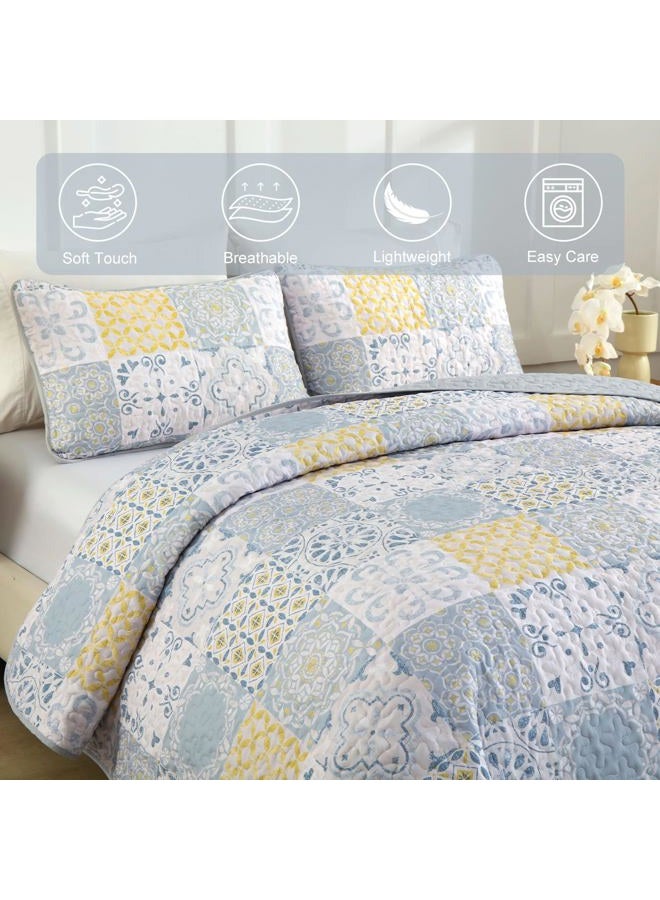 Dobuyly Full Size Quilt Set 3 Pieces, Blue/Yellow/Grey Patchwork Bedspreads, Boho Summer Coverlet Set, Soft Lightweight Microfiber Bedding Set for All Seasons 78"x90" - Image 4
