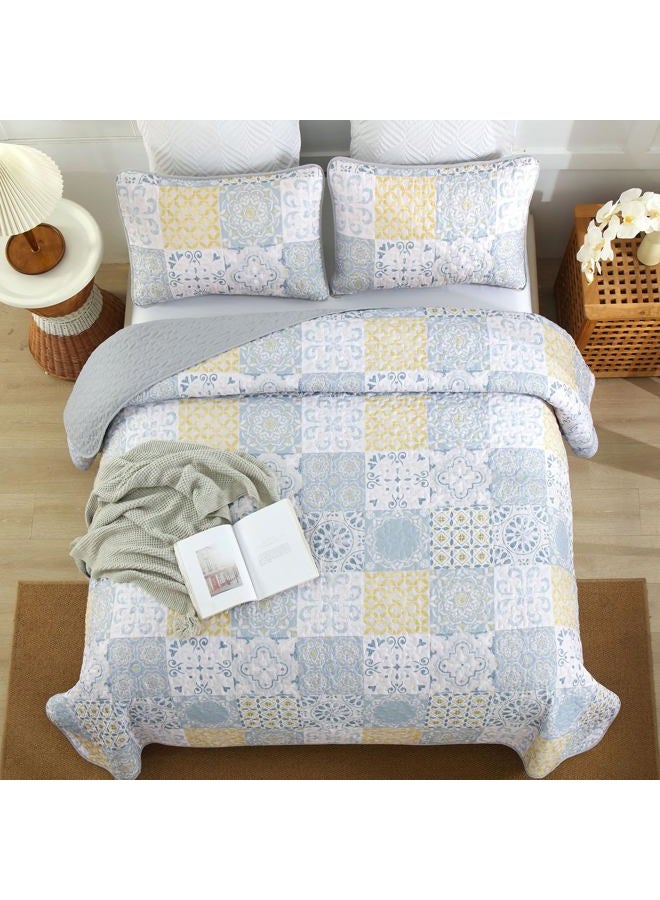 Dobuyly Full Size Quilt Set 3 Pieces, Blue/Yellow/Grey Patchwork Bedspreads, Boho Summer Coverlet Set, Soft Lightweight Microfiber Bedding Set for All Seasons 78"x90" - Image 3