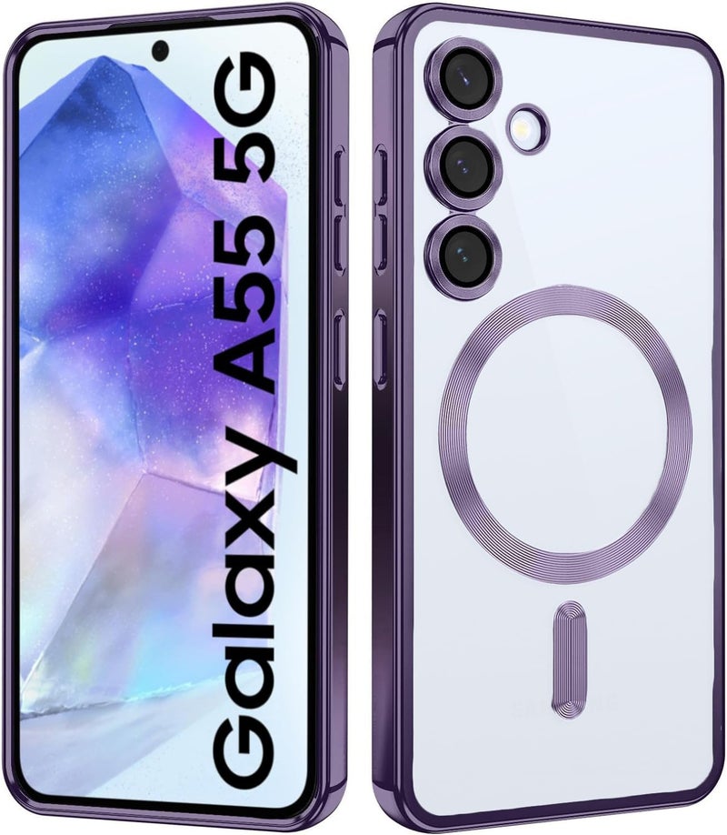 VONZEE Clear Logo Electroplating Transparent Case for Samsung A55 5G, Magnetic Plating [Support for MagSafe Charger] Electroplate TPU Cover, Individual Camera Protection for Each Lens - Purple - Image 1